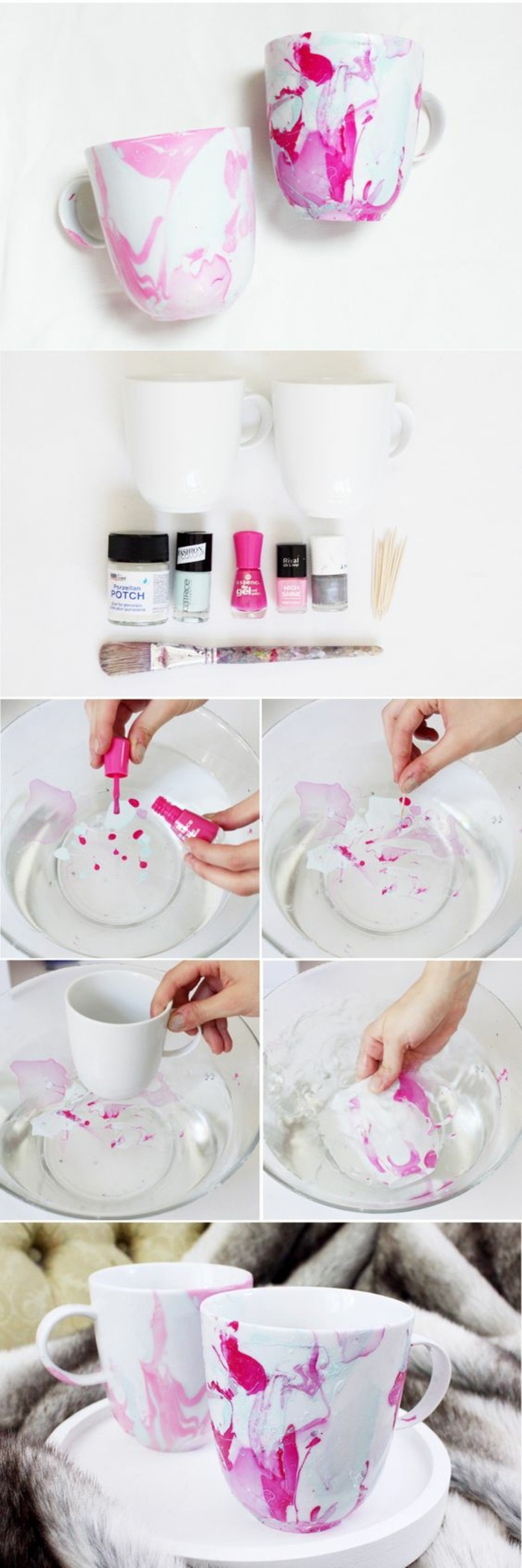 cómo decorar tazas con pintauñas, tazas de porcelana decoradas en bonitos colores, manualidades para regalar 