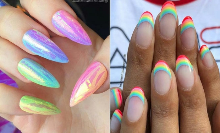 colores vibrantes para uñas verano, uñas largas almendradas y de forma stiletto, uñas francesas con puntas en los colores del arco iris 