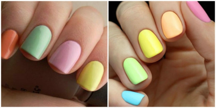 cuáles son las últimas tendencias en uñas, uñas de gel bonitas pintadas en diferentes colores pastel, manicura para el verano 