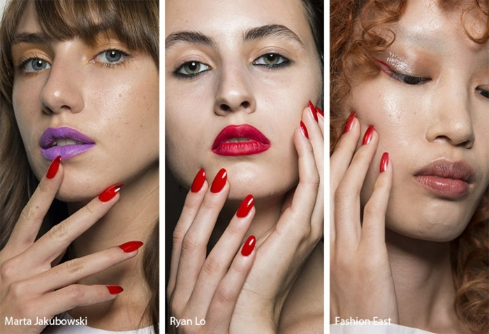 tres opciones de uñas largas pintadas en rojo, uñas de gel decoradas largas, tendencias en las uñas verano 2019 