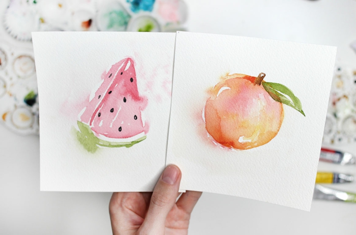 ideas originales de dibujos con acuarelas, fotos de dibujos de frutas y flores, dibujos con acuarelas en colores vibrantes 