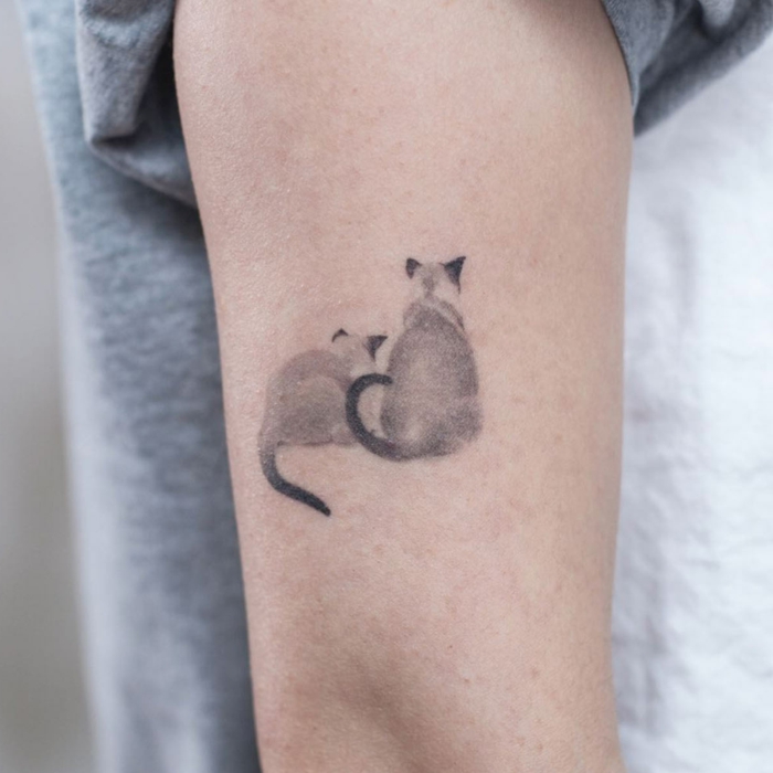 dos gatos tatuados en el brazo en estilo realista, tatuajes en el brazo originales, ideas de tattoos con mascotas en fotos