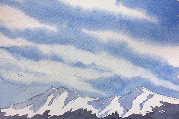 como aprender a dibujar paisajes, dibujos de paisajes bonitos en colores acuarela, montañas rocosas con cielo nublado