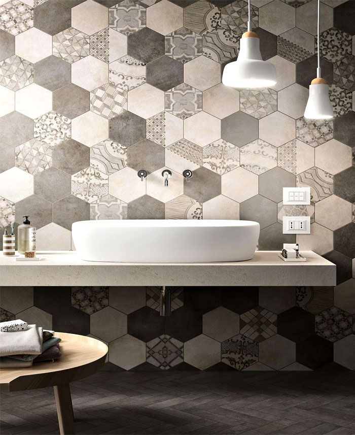 precioso cuarto de baño con azulejos modernos de forma hexagonal, decoración de baños de diseño, fotos de baños modernos 
