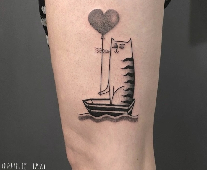 tatuaje gato barco, globo en forma de corazón, diseños de tatuajes originales y bonitos en fotos, como elegir un diseño de tattoo