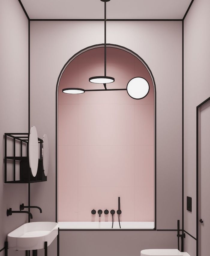 decoracion cuartos de baño originales, baño decorado en estilo moderno, cuartos de baño pintados en color rosado 