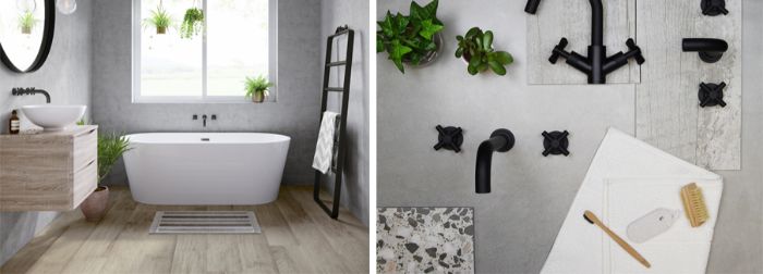 años modernos con ducha y bañera, decoración de espacios pequeños, paredes de hormigón, suelo de madera y plantas verdes 