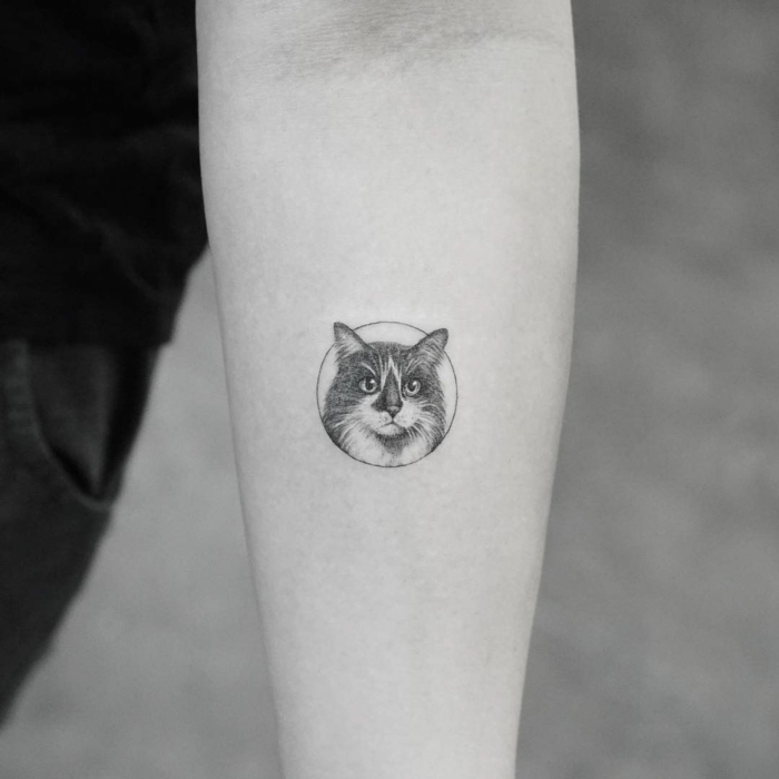 tatuajes realistas super tiernos de gatos, pequeño tatuaje en estilo minimalista en el antebrazo, hermosos diseños de tattoos 