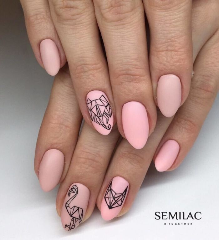 uñas largas de forma almendrada pintadas en rosado con acabado mate, uñas decoradas elegantes con bonitos dibujos 