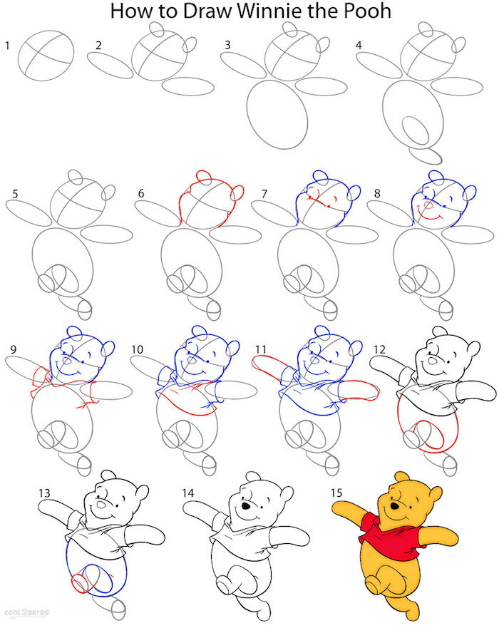 como dibujar el oso pooh en un tutorial de 15 pasos, ideas de dibujos originales y sencillos paso a paso, dibujos Disney 