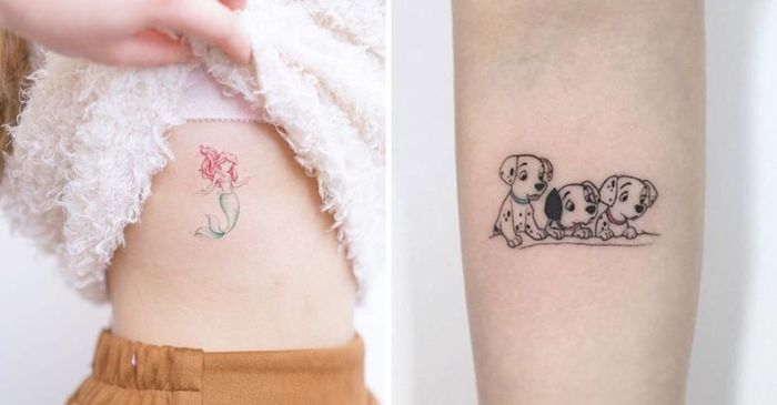 dos propuestas de tatuajes pequeños inspirados en los personajes de Disney, super originales ideas de tattoos disney en colores 