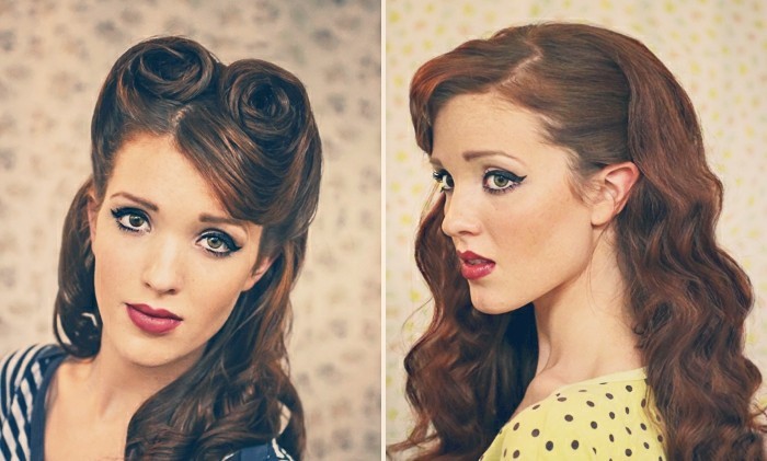preciosos ejemplos de mujeres pin up con rizos y volumen en el cabello, originales ideas de peinados rockabilly en fotos 