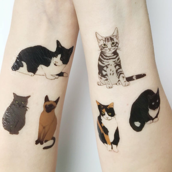 diseños de tatuajes temporales bonitos, ideas de tatuajes con gatos en el antebrazo, tatuajes antebrazo mujer en fotos 