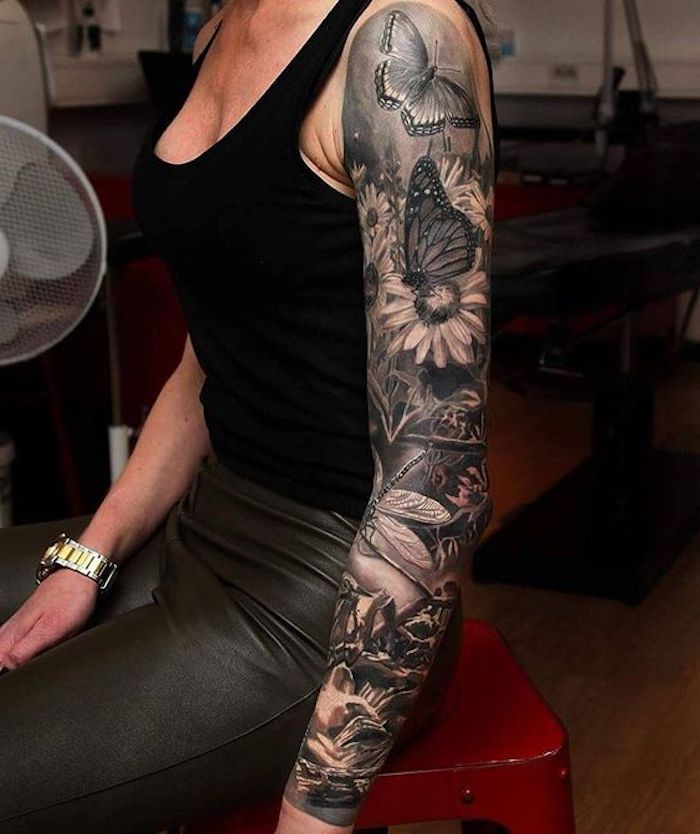 tatuajes con flores y mariposas, diseños de tatuajes para mujeres, tatuaje brazo entero mujer, fotos de tatuajes bonitos 