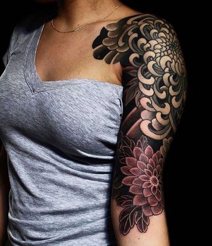 tatuajes en el brazo con flores, diseño de tatuajes con motivos florales en colores oscuros, tatuajes finos para mujer