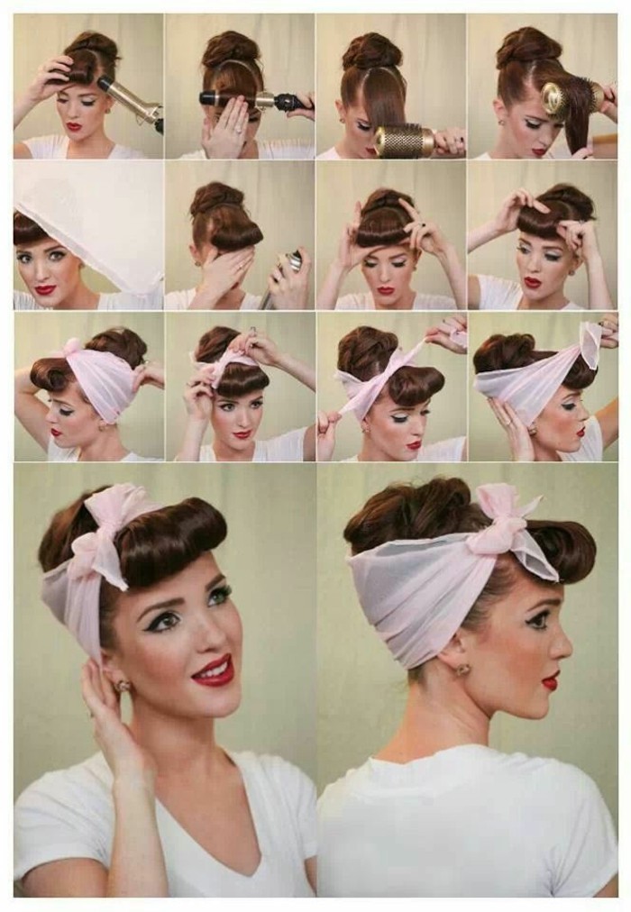 como hacer un recogido con bandana paso a paso, tutoriales peinados vintage mujer, ideas peinados pelo largo pin up