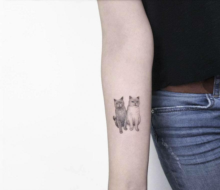 dos dibujos de gatos en estilo realista tatuados en el antebrazo, pequeños tatuajes de animales, fotos de tatuajes 