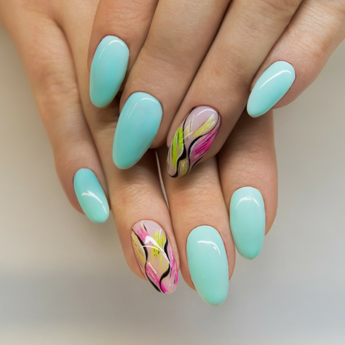 uñas decoradas en colores para el verano, diseños de uñas largas de forma almendrada, colores para uñas originales 