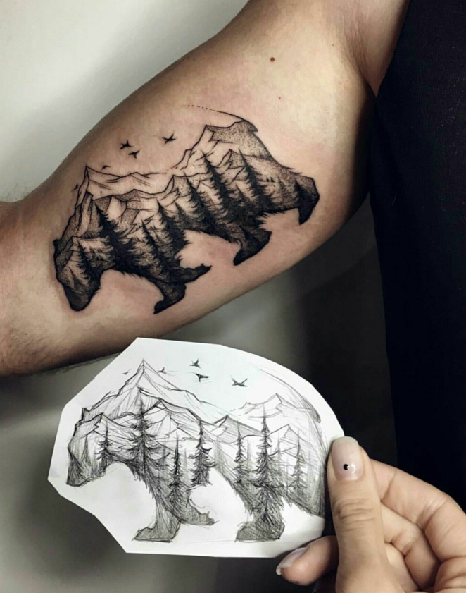 diseños de tatuajes que inspiran, tatuaje antebrazo hombre, diseños de tatuajes de animales, tatuajes oso montaña