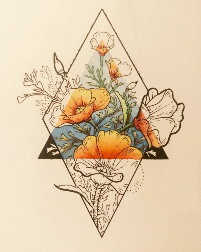 rombo con flores con y sin color, triángulo, tatuaje geometrico con motivos florales, ideas de modelos de tattoos con flores 