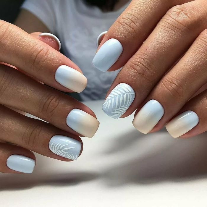 elegante manicura en color azul claro y blanco, uñas cuadradas con efecto ombre y motivos botánicos, decoracion de uñas