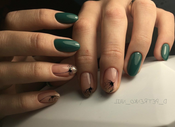 como combinar los colores para uñas, uñas gel transparente con decorados motivos florales y color verde oscuro elegante 