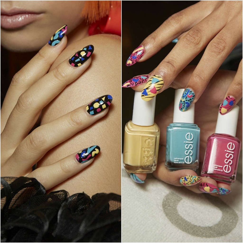 colores llamativos en las uñas, fotos de uñas de gel, uñas negras decorada con detalles geométricos en colores, imágenes de uñas 