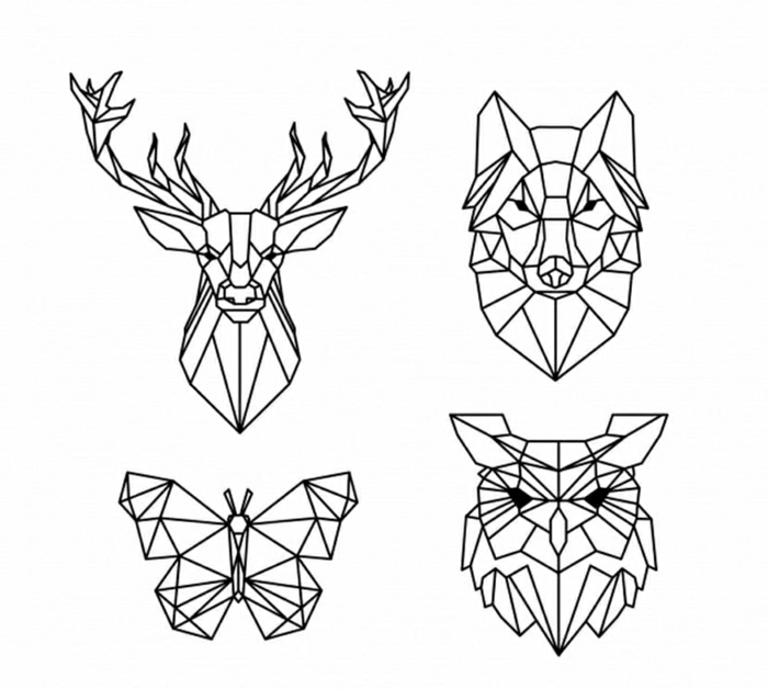 diseños de tatuajes geométricos con animales tatuaje geométrico ciervo, lobo, mariposa y búho, originales ideas de tattoos 