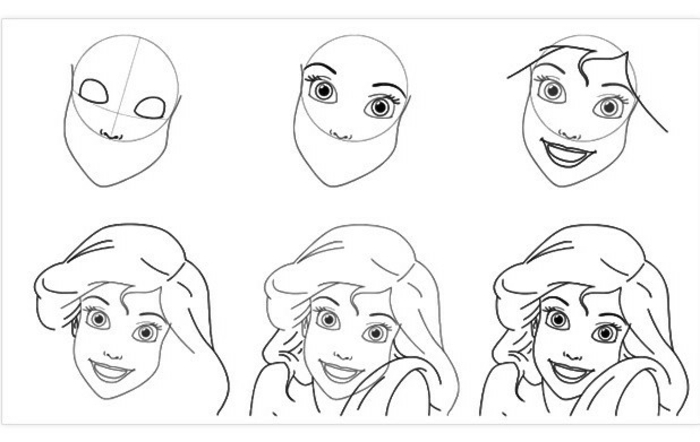 dibujos faciles paso a paso para niños, como dibujar la cara de una persona, dibujo la pequeña sirena Ariel 