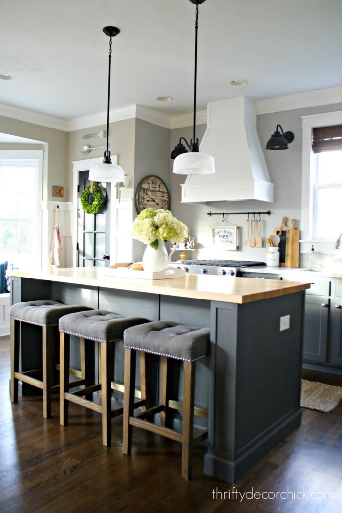 cocinas americanas pequeñas con barras modernas y funcionales, cocina en gris con sillas altas tapizadas y lámparas colgantes 