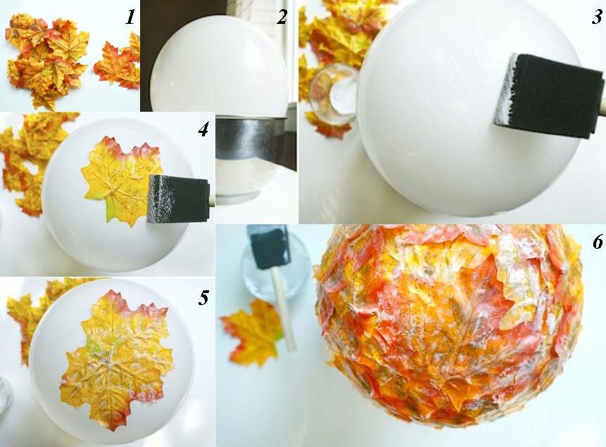 cómo hacer manualidades con hojas de otoño, recipiente DIY hecho con hojas caías y pegamento Mod Podge 