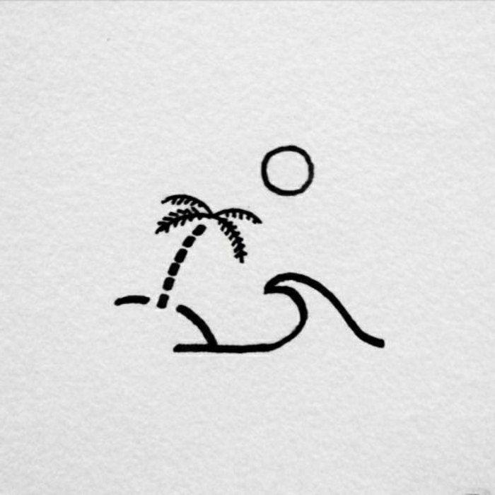 detalles pequeños, palmera, sol y olas de mar, ideas de diseños de tatuajes minimalistas simbólicos 