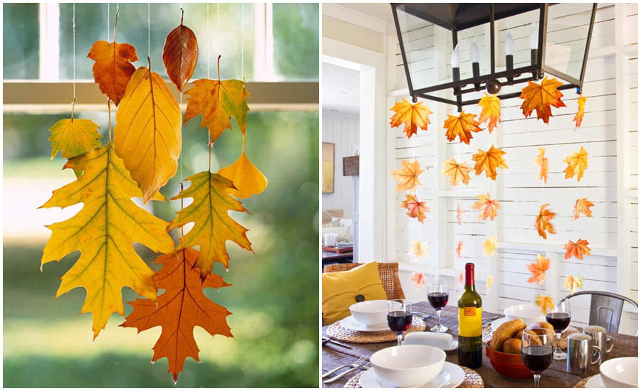 hojas de otoño caídas para decorar el salón, centro de mesa colgante DIY, manualidades con materiales de otoño 