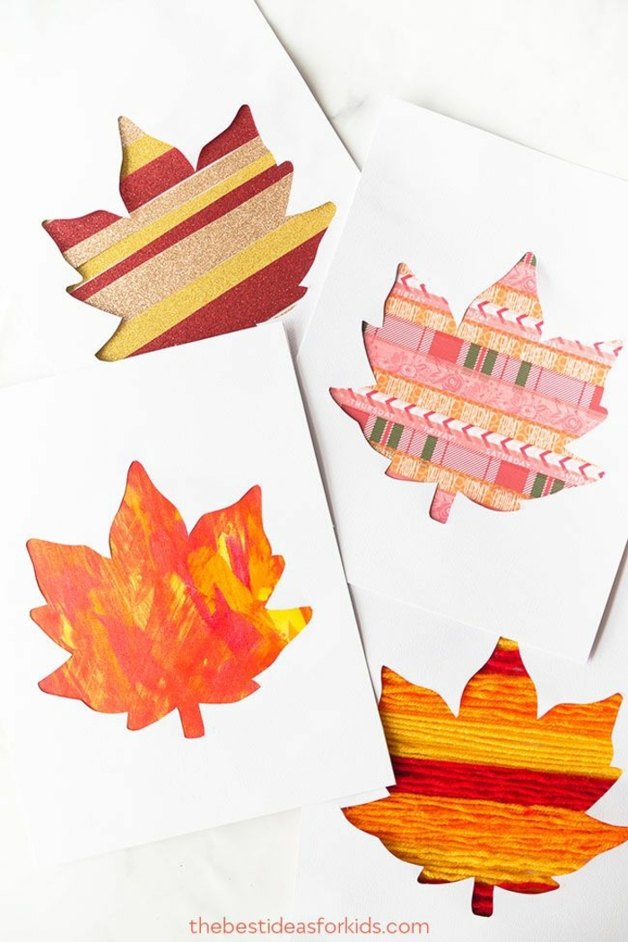 tarjetas DIY para regalar en otoño, tarjetas con dibujos de hojas de otoño en colroes vibrantes, manualidades faciles y originales