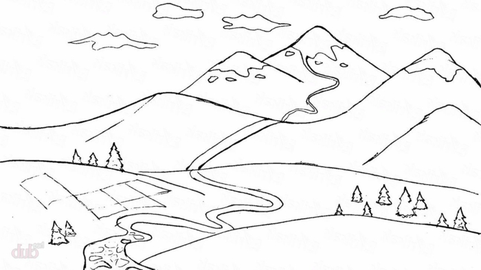 pasiajes de naturaleza para redibujar, originales ideas de dibujos con montañas, fotos de dibujos para niños y principiantes 