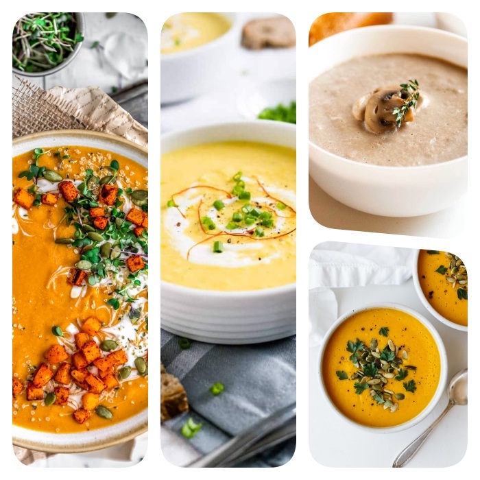 receta de sopa cremos, cuatro variantes de recetas saludables de cenas ligeras, como hacer crema de vegetales, ideas de comidas sanas 