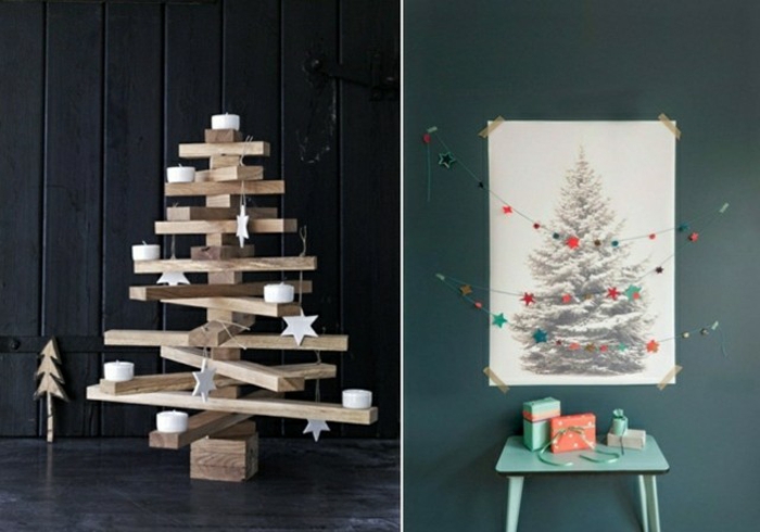 dos propuestas de decoración para navidad original, arbol de navidad de madera DIY, pasos para decorar la habitación 