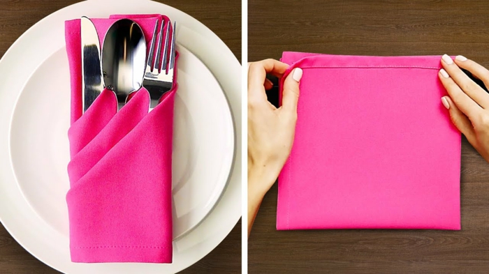 servilleta de tela en color rosa vibrante para guardar los cubiertos, como doblar servilletas elegantes para decorar la mesa