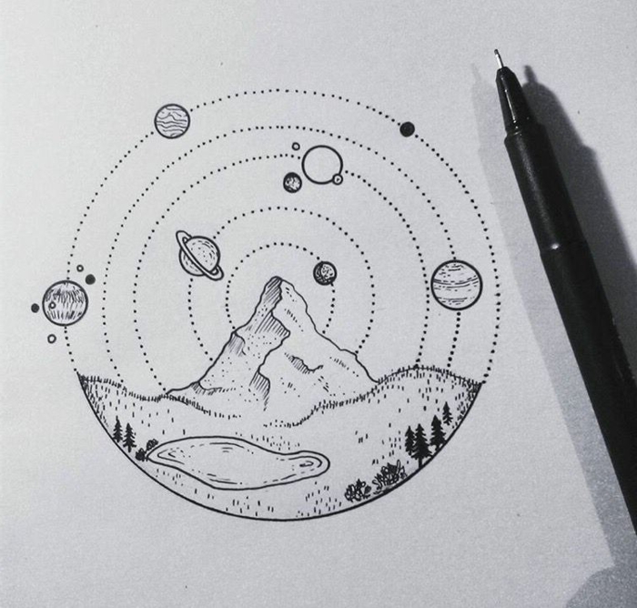 preciosos detalles geométricos para dibujar, dibujos faciles a lapiz, montaña, lago, planetas, ideas de pequeños dibujos simbolicos 