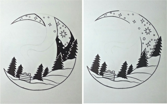 imagenes en blanco y negro y dibujos inspiradores en lápiz, precioso motivo con luna y árboles, ideas de dibujos fáciles 