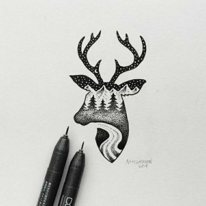 precioso detalle para dibujar en casa con sharpie, dibujo de ciervo con detalles de naturaleza, ideas de dibujos de renos
