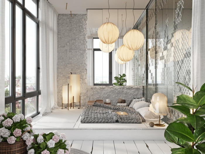 grande dormitorio decorado en estilo shaby chic, decoracion casa en color gris y blanco, habitacion gris y blanco