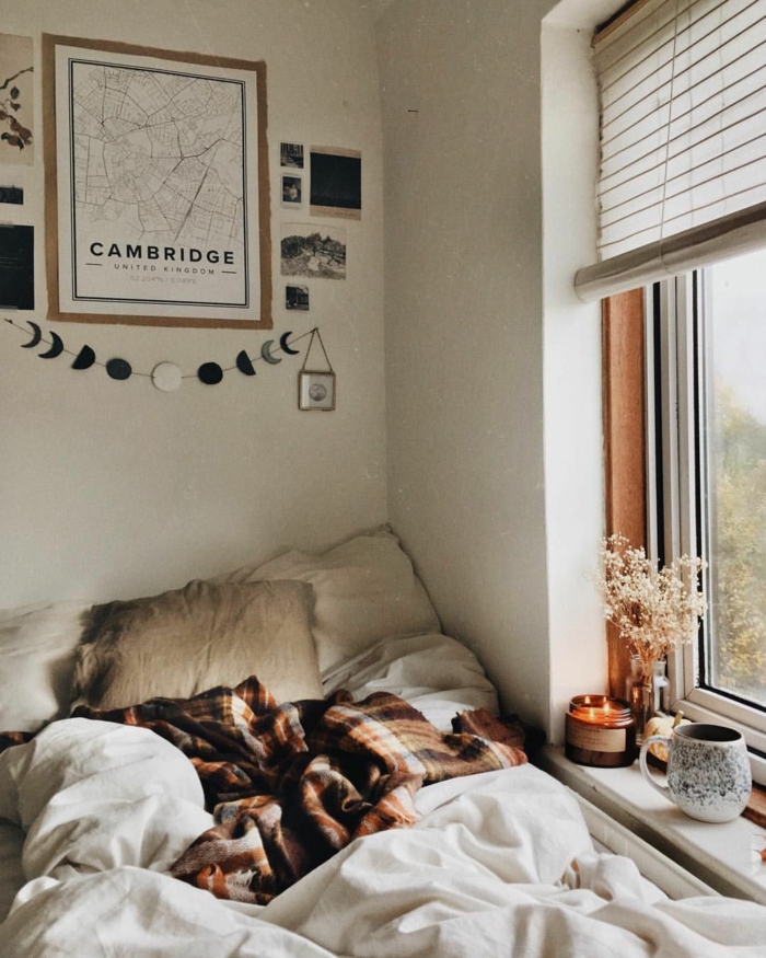 pequeño espacio decorado en estilo bohemio, ideas de habitaciones acogedoras para el invierno, fotos de cuartos tumblr