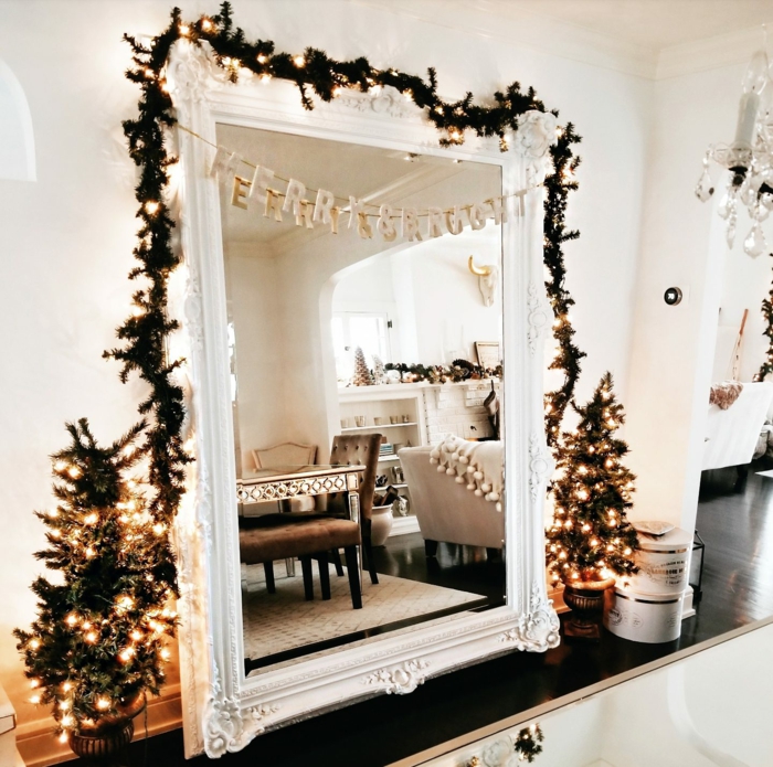 precioso espejo en estilo vintage, decoración para navidad super especial, ideas de habitacion blanco y gris fotos 