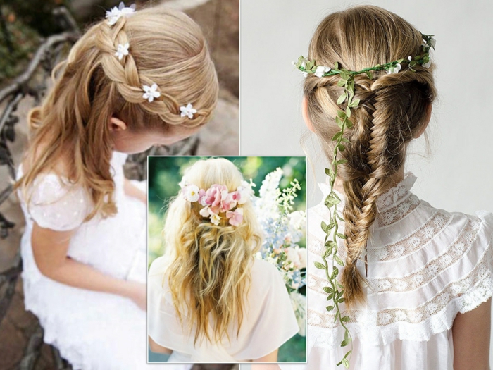 tres adorables propuestas de peinados con flores, recogidos y semirecogidos para pelo largo, fotos de peinados niña