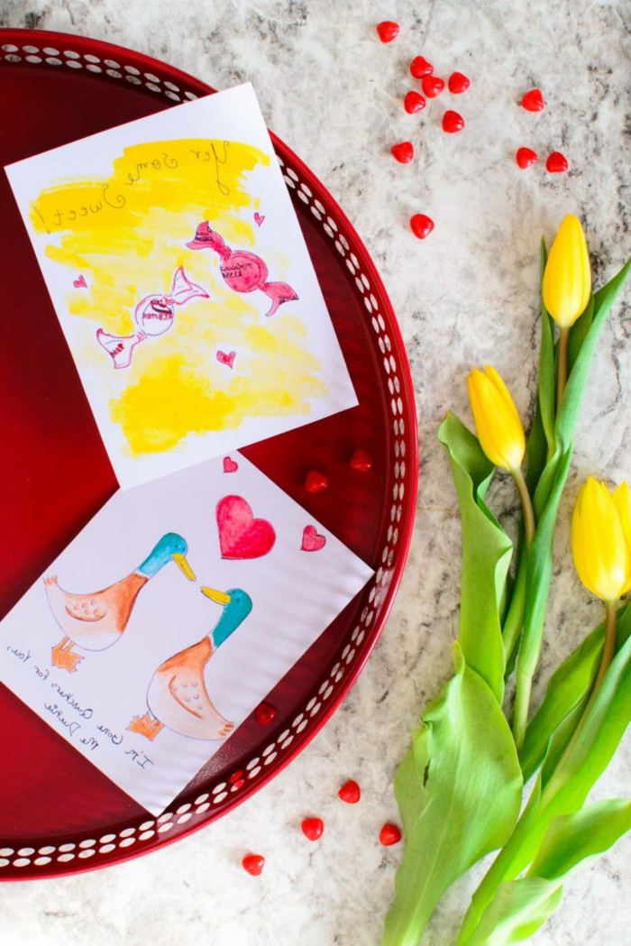 tarjetas con dibujos de acuarelas, simpáticas ideas de manualidades san valentin y manualidades infantiles en tutoriales