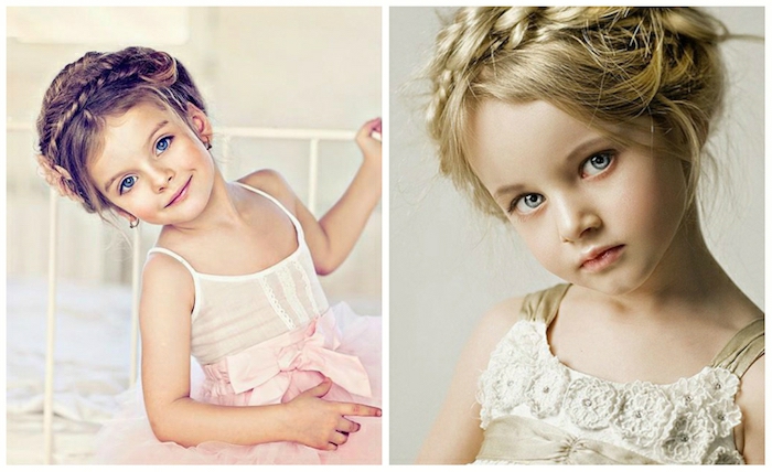 dos adorables propuestas de recogidos trenzados pequeñas niñas, peinados de comunion super elegantes y simpáticos