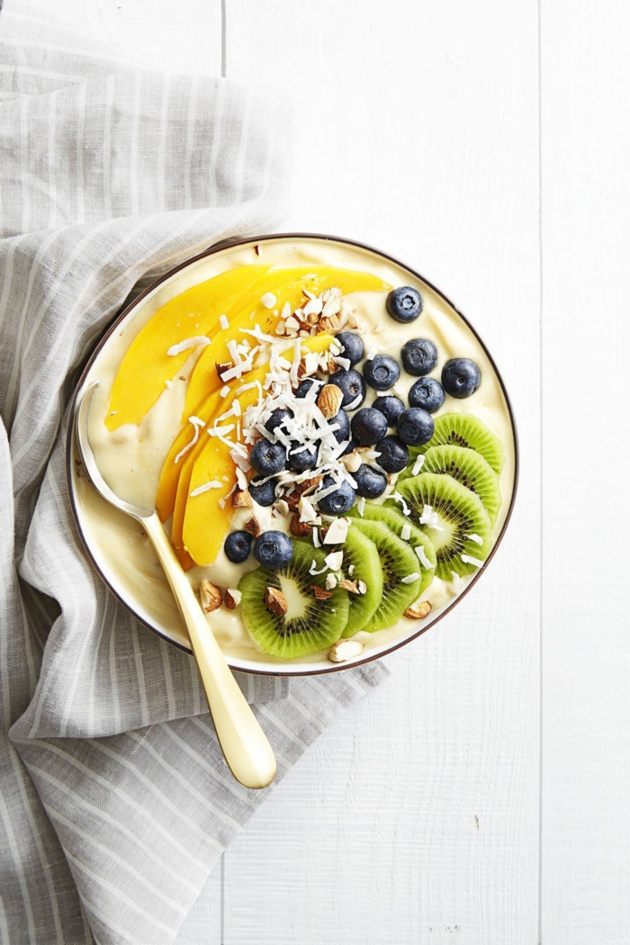 ejemplos de desayunos saludables y ricos. yogur griego con arándanos y kiwi, las mejores recetas paso a paso 