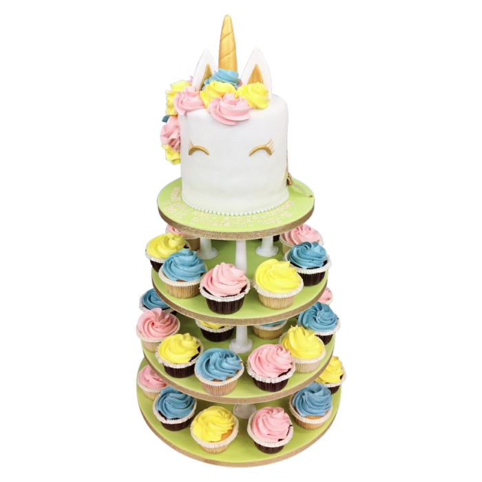 tarta blanca con decoracion colores pastel, magdalenas coloridas, ideas de tartas caseras fáciles y rápidas, fotos de tartas 