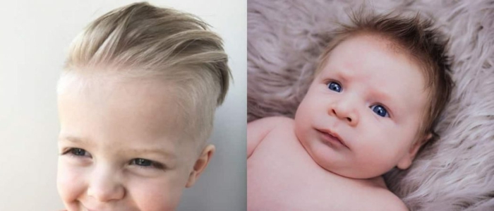 dos fotos de bebes con peinados elegantes, ideas de cortes y peinados bonitos, fotos de cortes de pelo niños